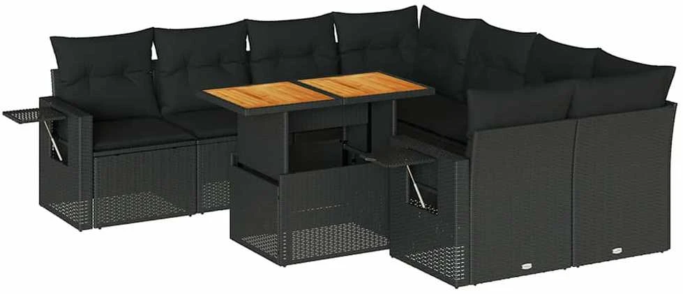 Sofa Sodo komplektas su pagalvėlėmis, 9 dalių, juodas, poliratanas