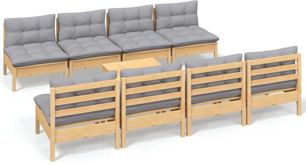 Lauko baldų komplektas Sodo komplektas su pilkomis pagalvėmis, 9 dalių, pušis