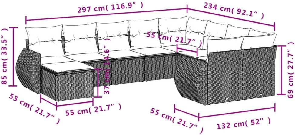 Sofa Sodo komplektas su pagalvėlėmis, 10 dalių, pilkas, poliratanas