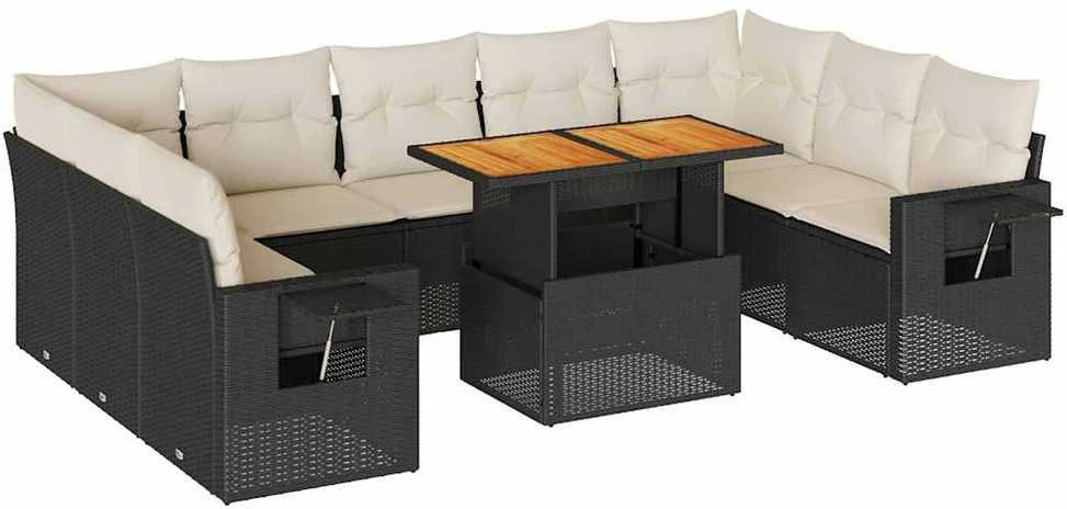 Sofa Sodo komplektas su pagalvėlėmis, 10 dalių, juodas, poliratanas