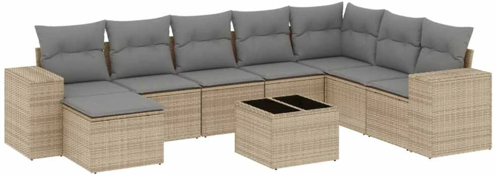 Sofa Sodo komplektas su pagalvėlėmis, 9 dalių, smėlio, poliratanas