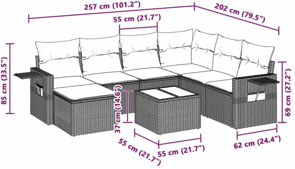 Sofa Sodo komplektas su pagalvėlėmis, 8 dalių, pilkas, poliratanas