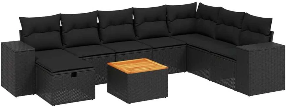 Sofa Sodo komplektas su pagalvėlėmis, 9 dalių, juodas, poliratanas