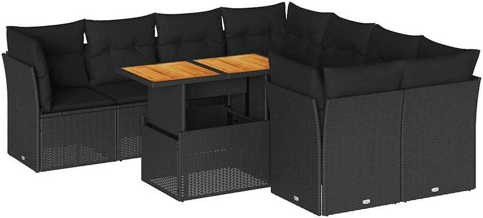 Sofa Sodo komplektas su pagalvėlėmis, 9 dalių, juodas, poliratanas