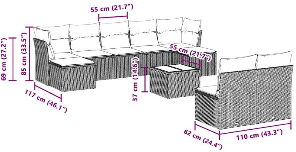 Sofa Sodo komplektas su pagalvėlėmis, 10 dalių, pilkas, poliratanas
