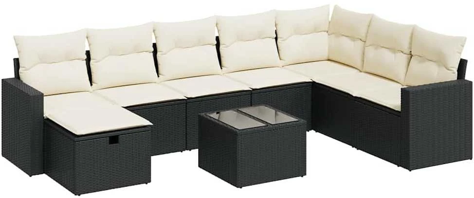 Sofa Sodo komplektas su pagalvėlėmis, 9 dalių, juodas, poliratanas