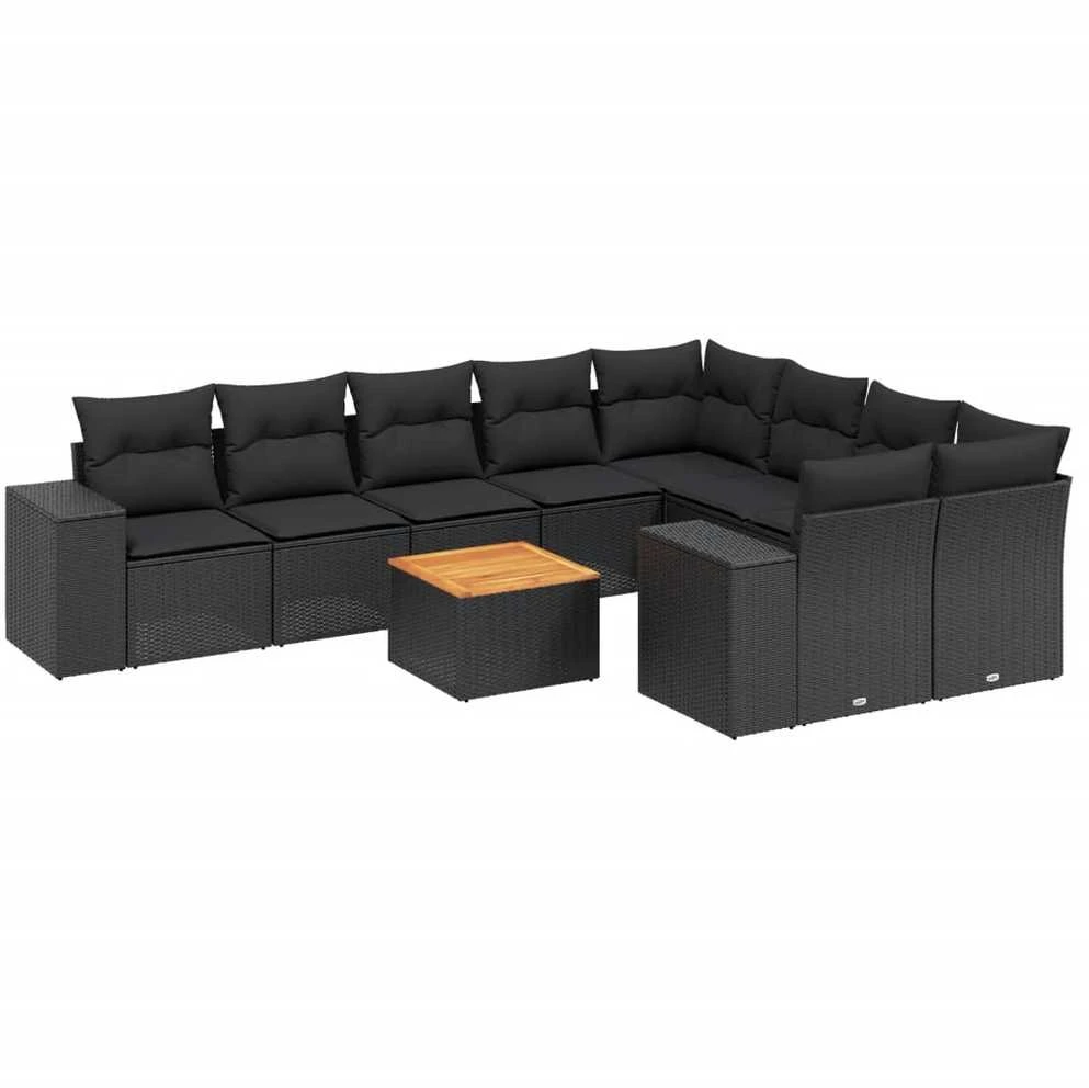 Sofa Sodo komplektas su pagalvėlėmis, 10 dalių, juodas, poliratanas