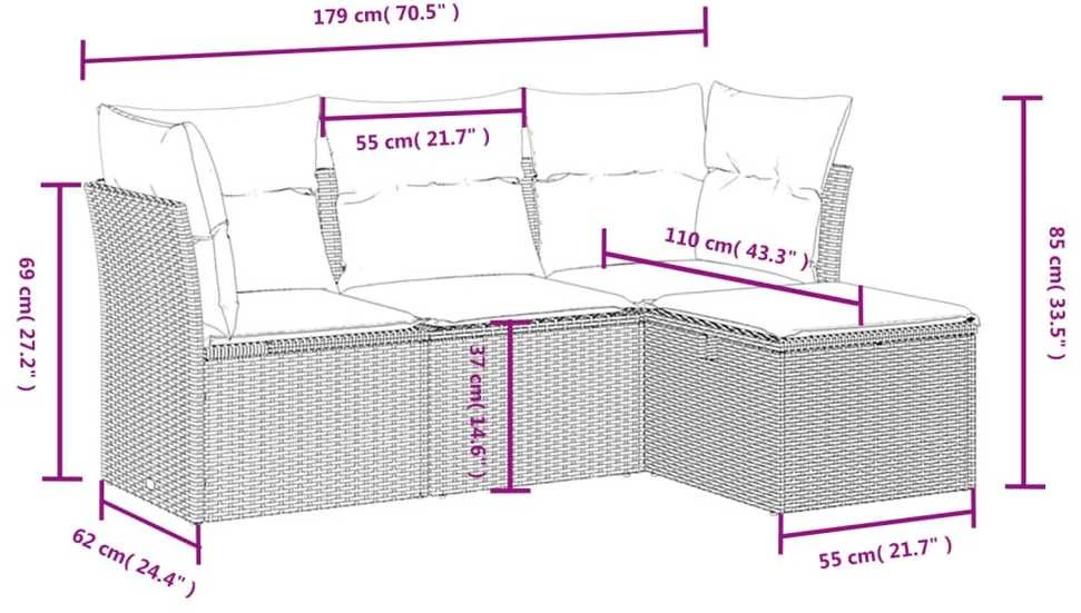 Sofa Sodo komplektas su pagalvėlėmis, 4 dalių, pilkas, poliratanas
