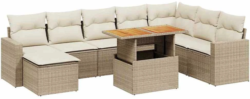 Sofa Sodo komplektas su pagalvėlėmis, 9 dalių, smėlio, poliratanas