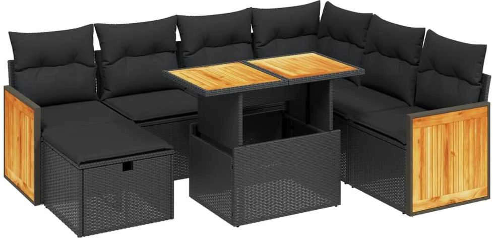 Lauko baldų komplektas Sofos komplektas su pagalvėlėmis, 8 dalių, juodas, poliratanas