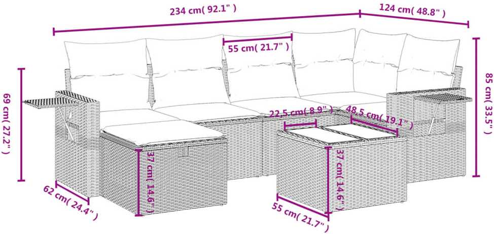 Sofa Sofos komplektas su pagalvėlėmis, 7 dalių, smėlio, poliratanas