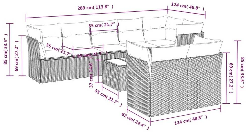 Sofa Sofos komplektas su pagalvėlėmis, 9 dalių, pilkas, poliratanas