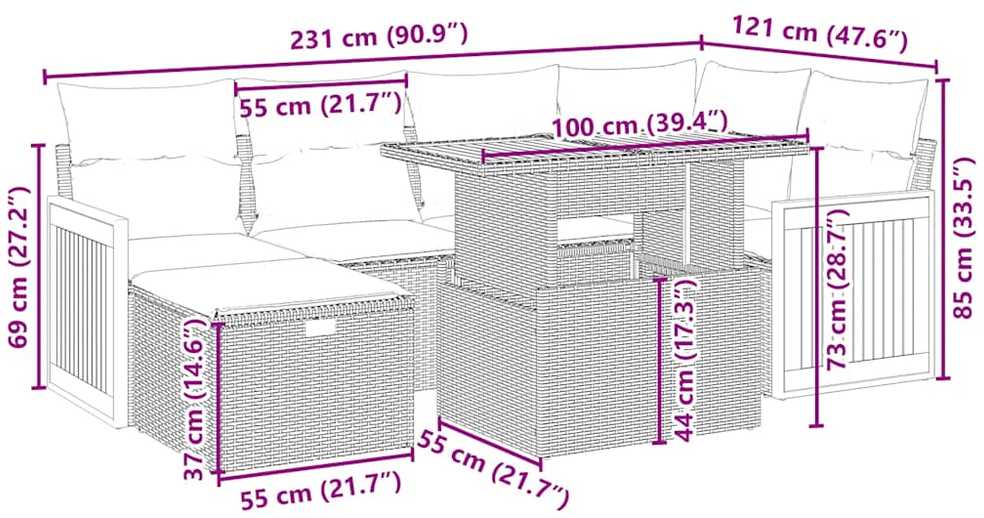 Sofa Sofos komplektas su pagalvėlėmis, 7 dalių, smėlio, poliratanas