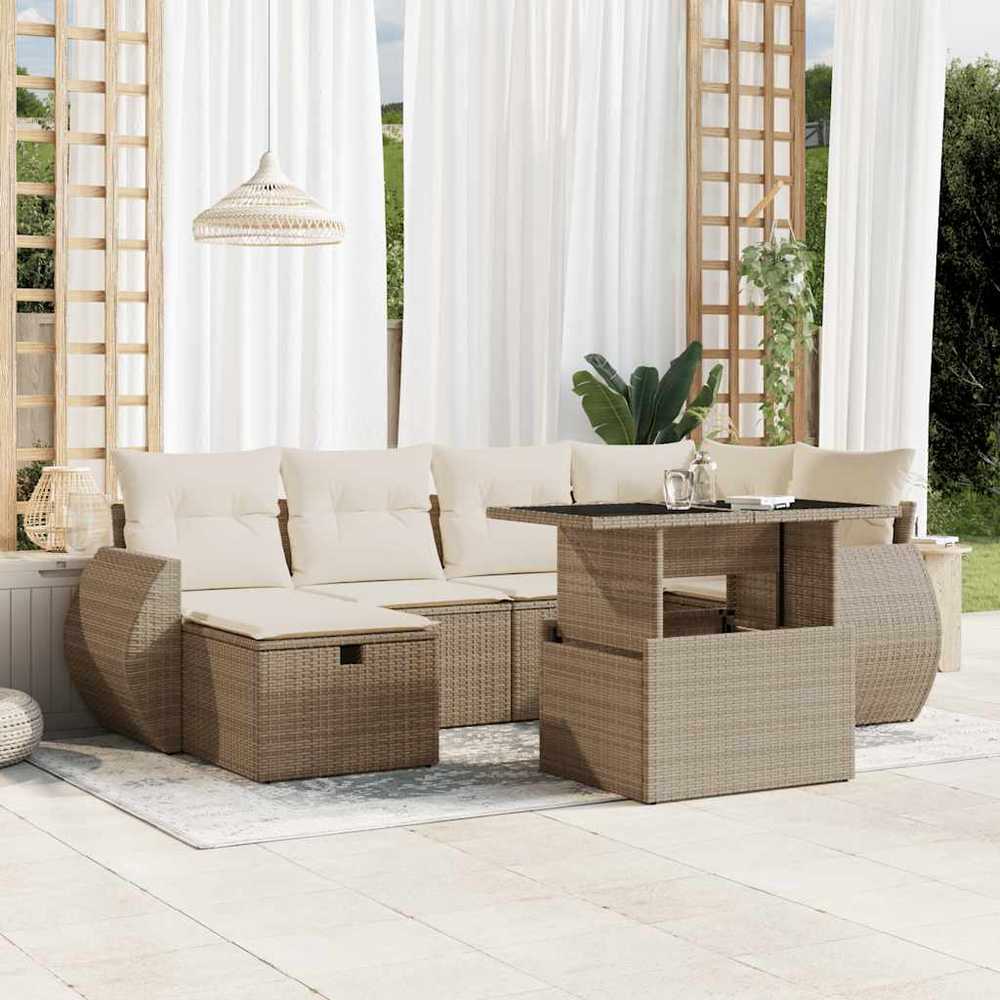 Sofa Sofos komplektas su pagalvėlėmis, 7 dalių, smėlio, poliratanas