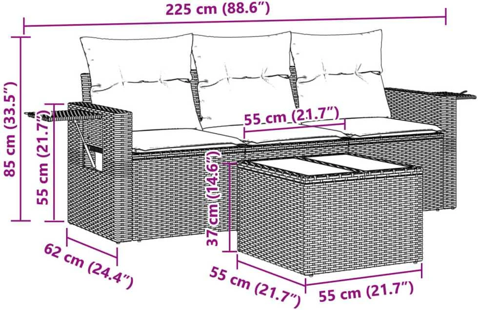 Lauko baldų komplektas Sofos komplektas su pagalvėlėmis, 4 dalių, pilkas, poliratanas