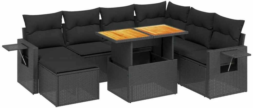 Lauko baldų komplektas Sofos komplektas su pagalvėlėmis, 8 dalių, juodas, poliratanas