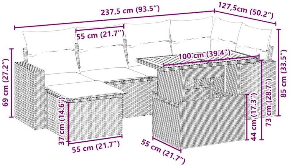 Sofa Sofos komplektas su pagalvėlėmis, 7 dalių, smėlio, poliratanas