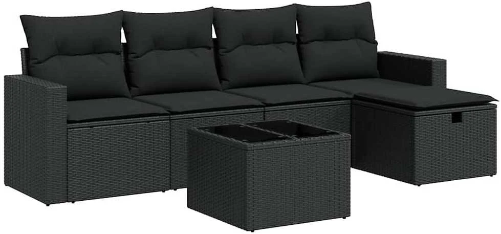 Sofa Sofos komplektas su pagalvėlėmis, 6 dalių, juodas, poliratanas