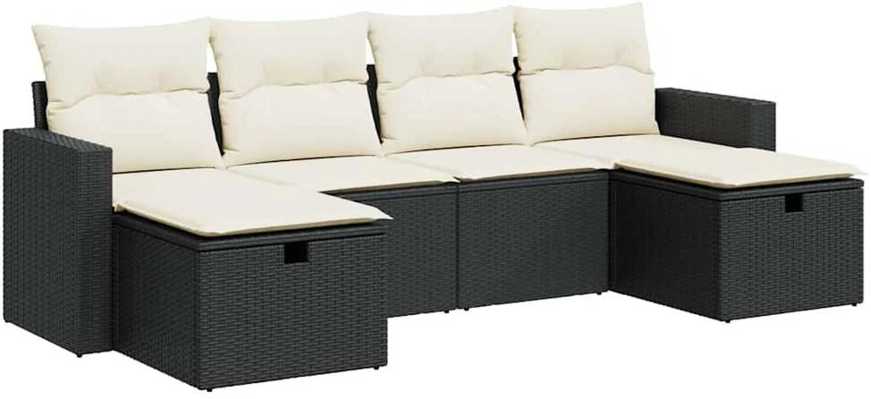 Sofa Sofos komplektas su pagalvėlėmis, 6 dalių, juodas, poliratanas