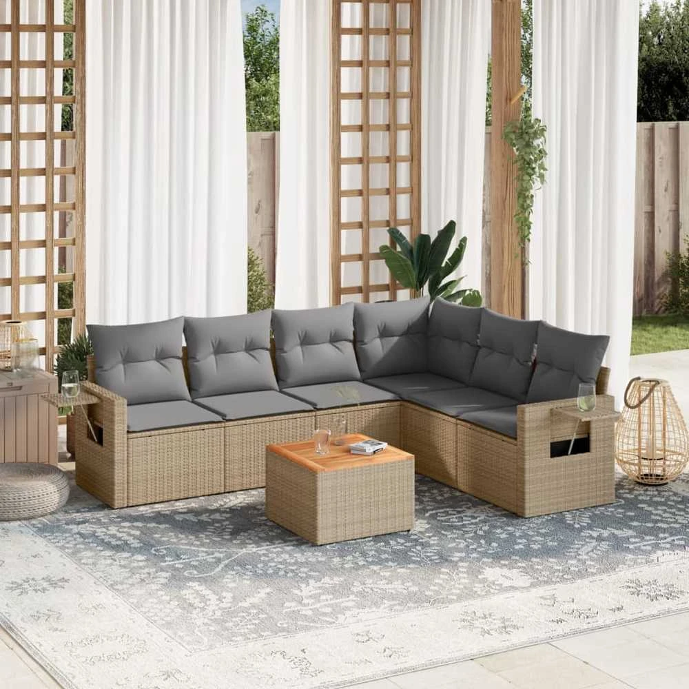 Sofa Sofos komplektas su pagalvėlėmis, 7 dalių, smėlio, poliratanas
