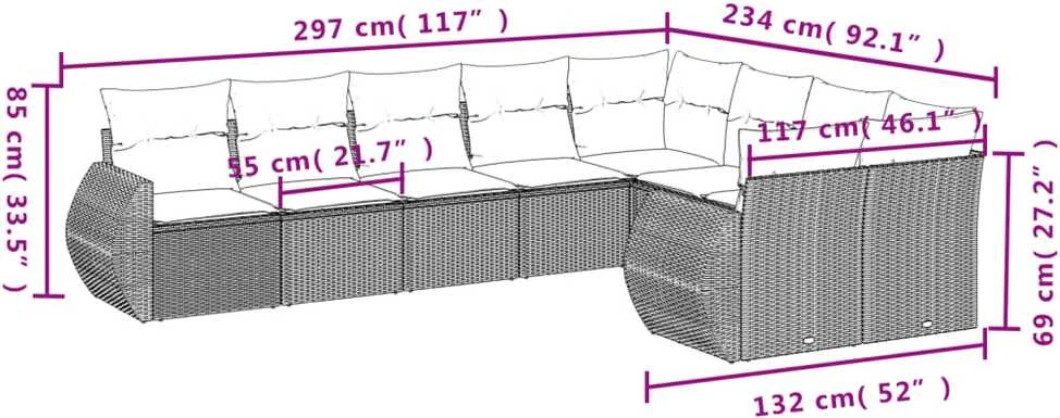 Sofa Sofos komplektas su pagalvėlėmis, 9 dalių, pilkas, poliratanas
