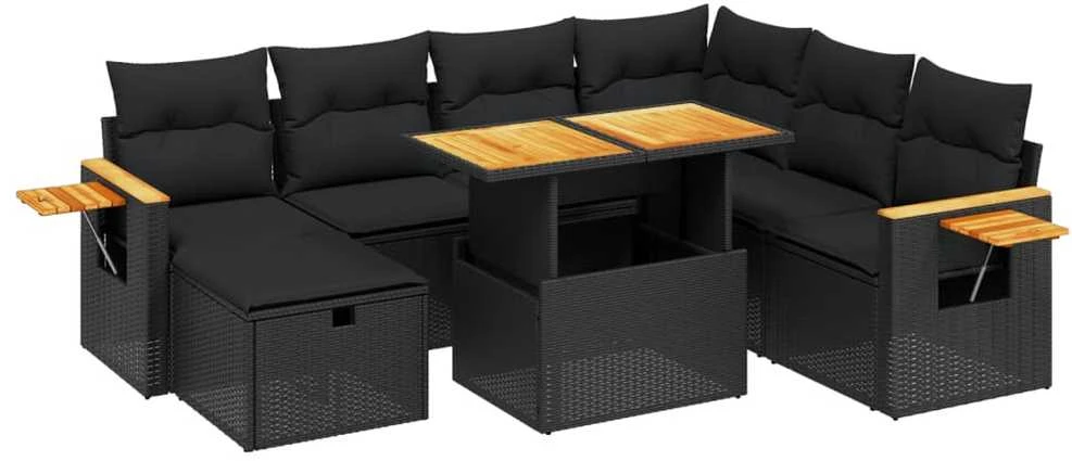 Lauko baldų komplektas Sofos komplektas su pagalvėlėmis, 8 dalių, juodas, poliratanas