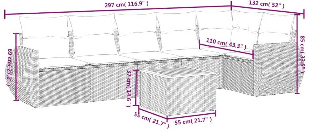 Sofa Sofos komplektas su pagalvėlėmis, 7 dalių, smėlio, poliratanas