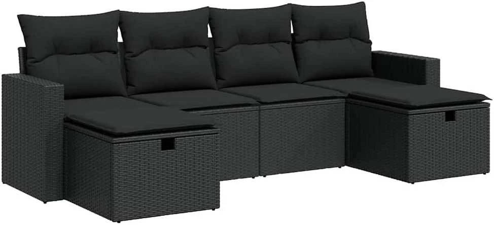 Sofa Sofos komplektas su pagalvėlėmis, 6 dalių, juodas, poliratanas