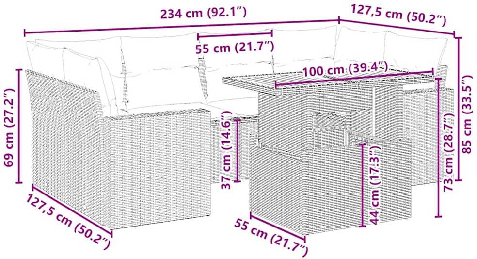 Sofa Sofos komplektas su pagalvėlėmis, 7 dalių, smėlio, poliratanas