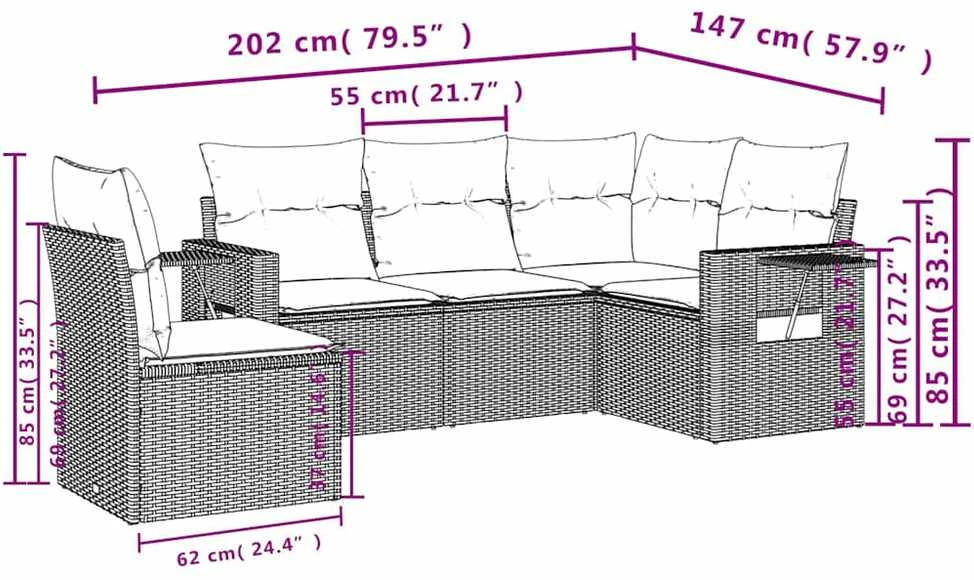 Sofa Sofos komplektas su pagalvėlėmis, 5 dalių, pilkas, poliratanas