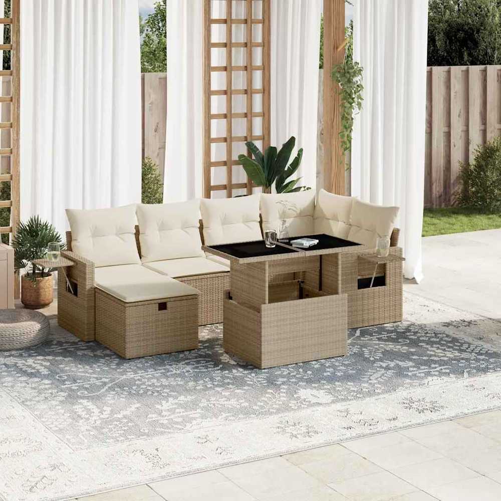 Sofa Sofos komplektas su pagalvėlėmis, 7 dalių, smėlio, poliratanas