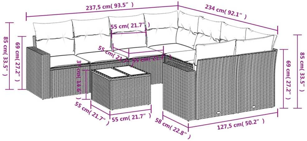 Sofa Sofos komplektas su pagalvėlėmis, 9 dalių, pilkas, poliratanas