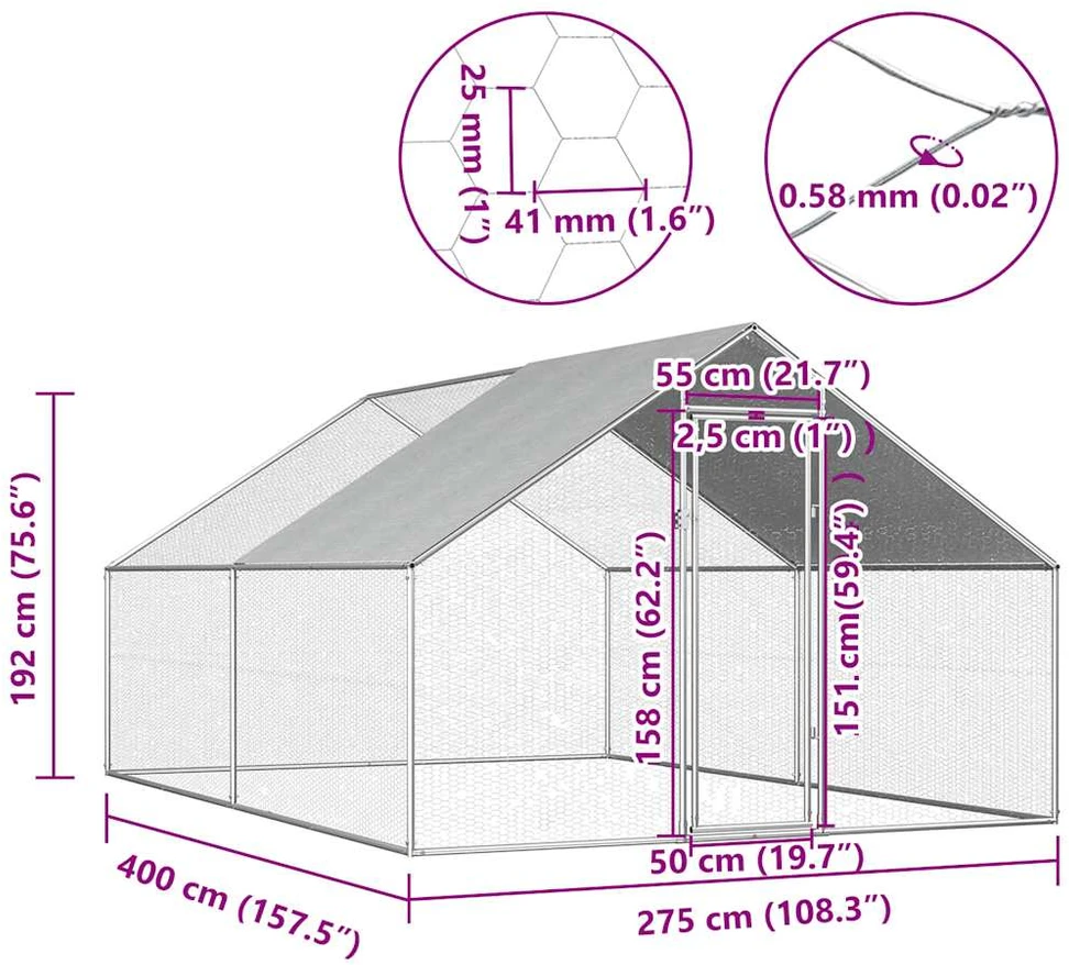 Lauko narvas viščiukams, 2,75x4x1,92m, galvanizuotas plienas