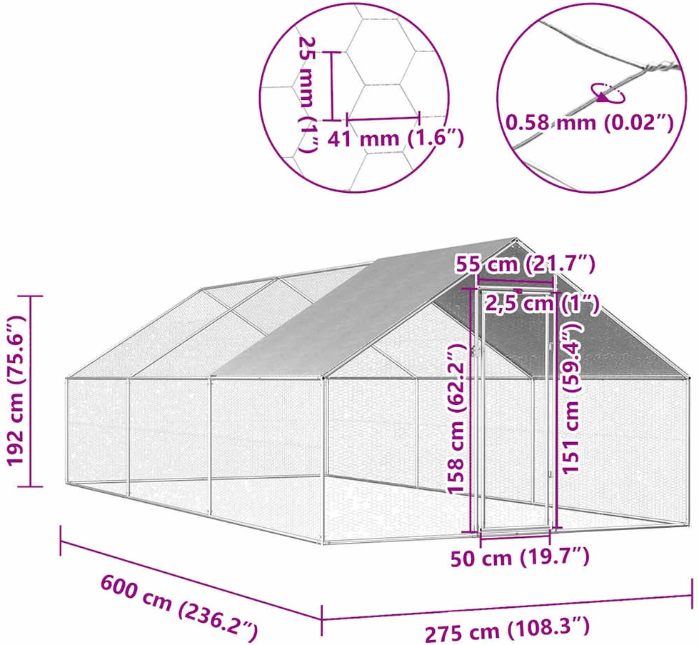 Lauko narvas viščiukams, 2,75x6x1,92 m, galvanizuotas plienas