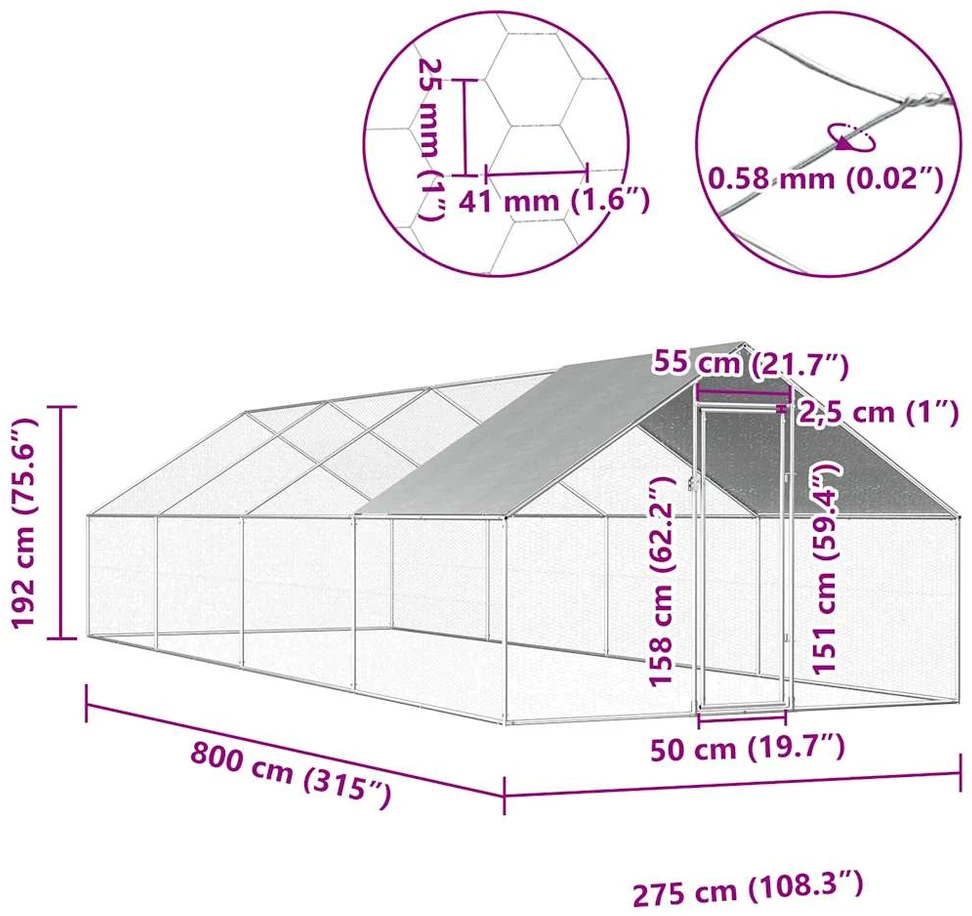 Lauko narvas viščiukams, 2,75x8x1,92 m, galvanizuotas plienas