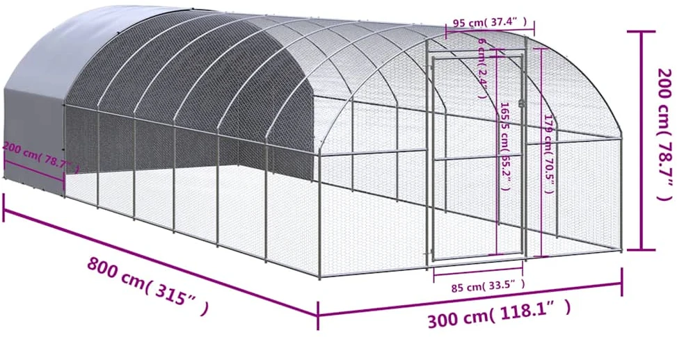Lauko narvas viščiukams, 3x8x2m, galvanizuotas plienas