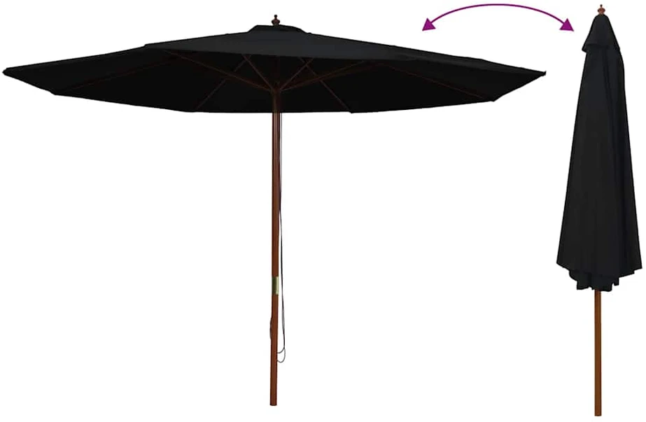 Lauko skėtis nuo saulės su mediniu stulpu, juodas, 350cm