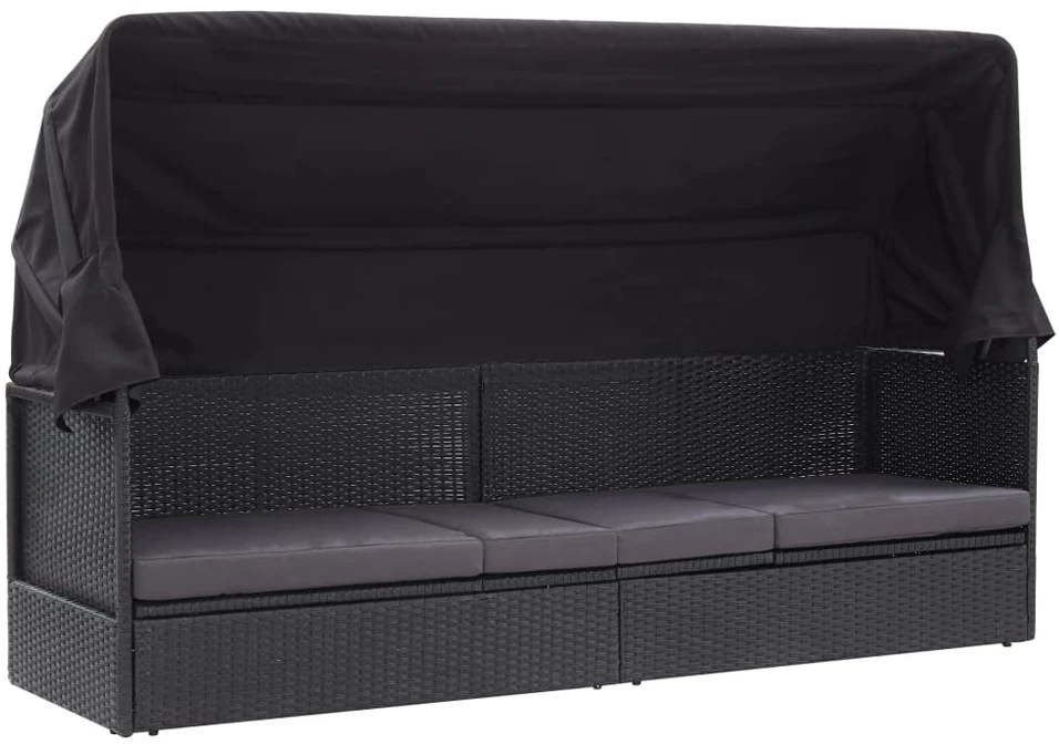 Lauko sofa-lova su stogeliu, juodos spalvos, poliratanas