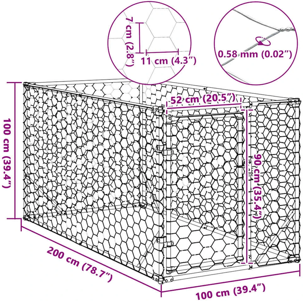 Lauko šunų voljeras su durelėmis, 2x1x1 m, cinkuotas plienas