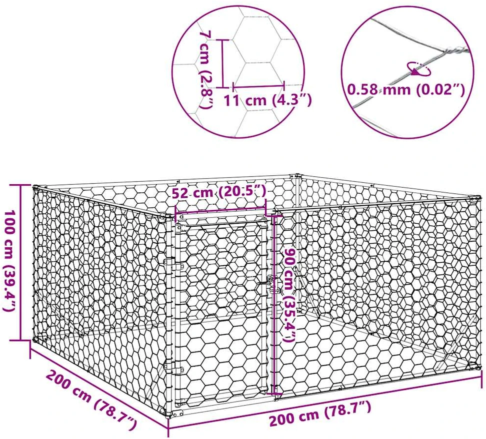 Lauko šunų voljeras su durelėmis, 2x2x1 m, cinkuotas plienas