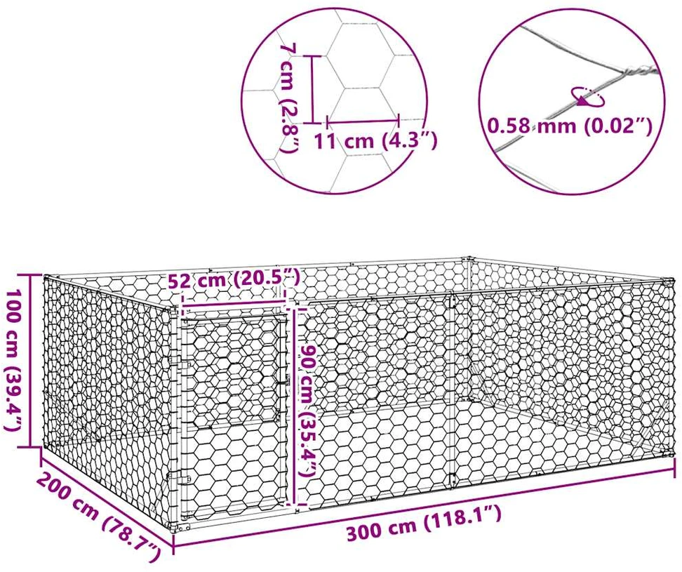 Lauko šunų voljeras su durelėmis, 3x2x1 m, cinkuotas plienas