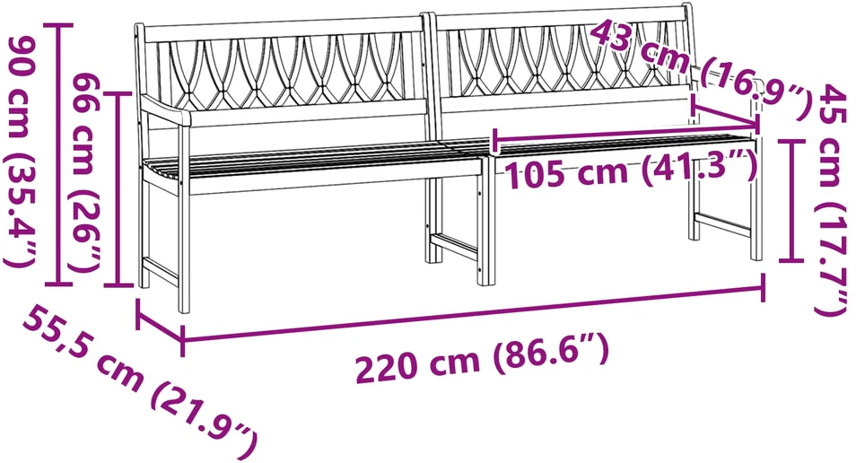 Lauko suolas 2 -vietis 220 x 56 x 90 cm Kietos akacijos mediena