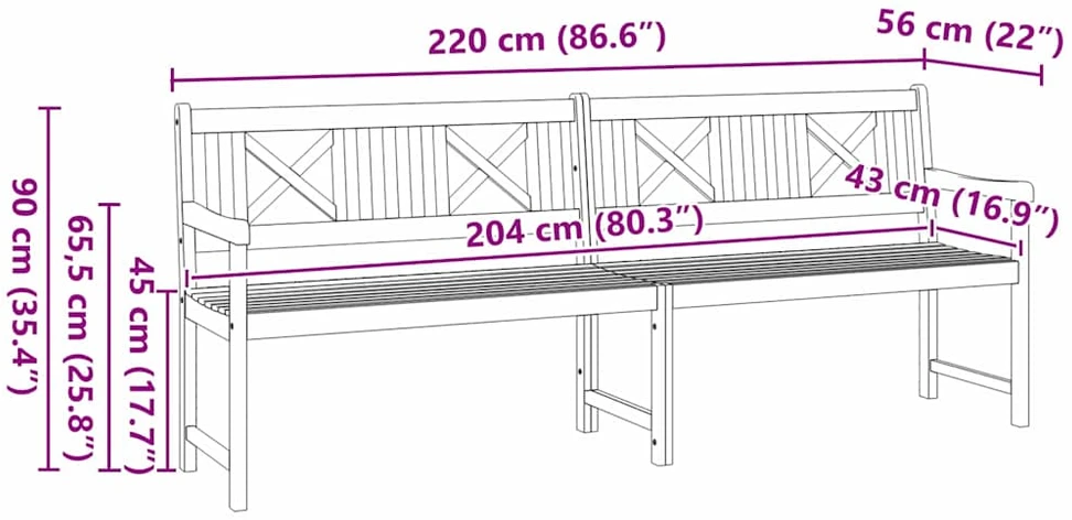 Lauko suolas Natūrali 220 x 56 x 90 cm Kietos akacijos mediena