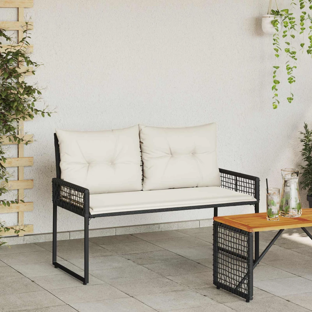 Lauko baldų komplektas Lauko suolas su pagalve Juoda ir kreminė balta 118 x 55 x 82 cm