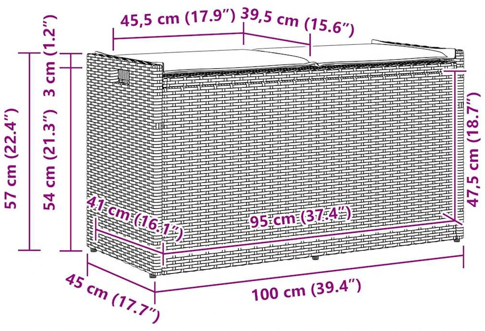 Lauko suoliukas su daiktadėže ir pagalvėle, juodas, 100 cm, poliratanas