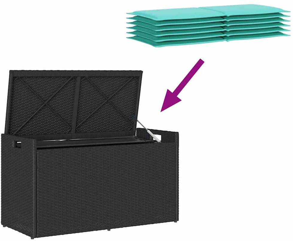 Lauko suoliukas su daiktadėže ir pagalvėle, juodas, 100 cm, poliratanas