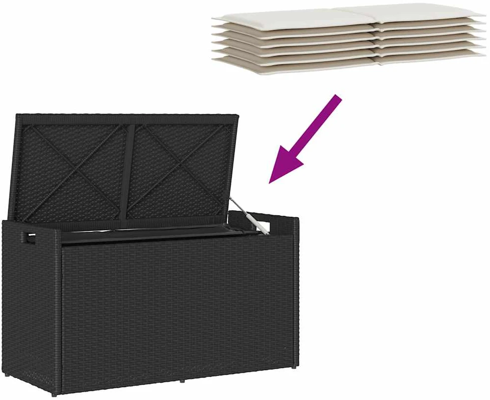 Lauko suoliukas su daiktadėže ir pagalvėle, juodas, 100 cm, poliratanas