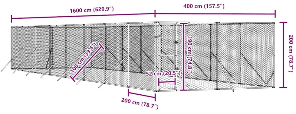 Lauko voljeras šunims, sidabrinis, 4x16x2m, plienas