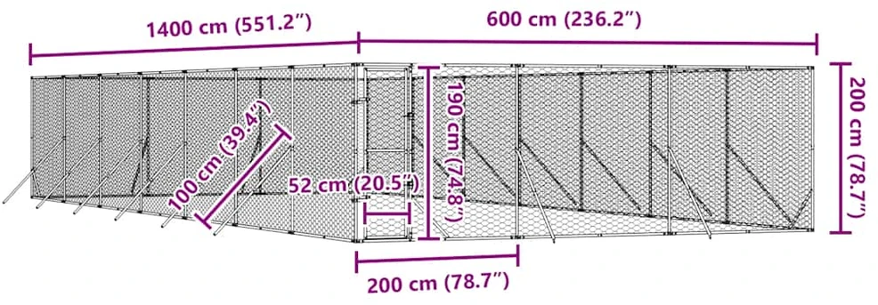 Lauko voljeras šunims, sidabrinis, 6x14x2m, plienas