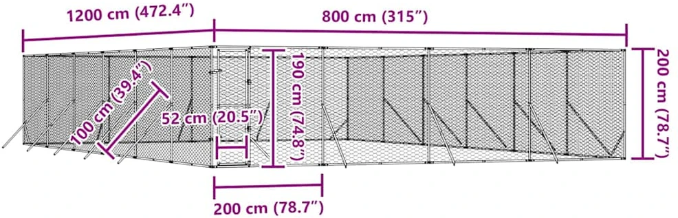 Lauko voljeras šunims, sidabrinis, 8x12x2m, plienas